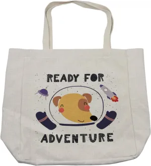 Lunarable Dog Saying Shopping Bag, Ready for Adventure Space Cartoon Design Adventurous Vibes, Eco-Friendly Reusable Bag for Groceries Beach and More, 15.5" X 14.5", Cream