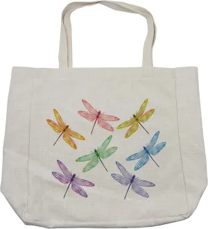 Lunarable Dragonfly Shopping Bag, Group of Dragonflies with Colored Patches Elongated Body Winged Animal Design, Eco-Friendly Reusable Bag for Groceries Beach and More, 15.5" X 14.5", Cream