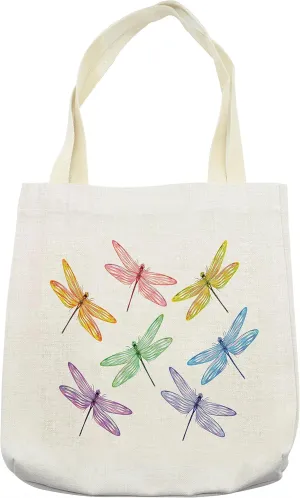 Lunarable Dragonfly Tote Bag, Group of Dragonflies with Colored Patches Elongated Body Winged Animal Design, Cloth Linen Reusable Bag for Shopping Books Beach and More, 16.5" X 14", Cream
