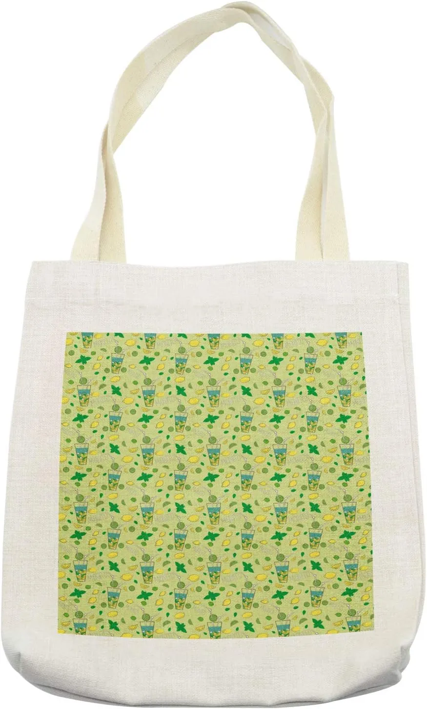 Lunarable Drinks Tote Bag, Refreshing Citrus Drink with Lemon Slices Leaves Summer Cocktails, Cloth Linen Reusable Bag for Shopping Books Beach and More, 16.5" X 14", Cream