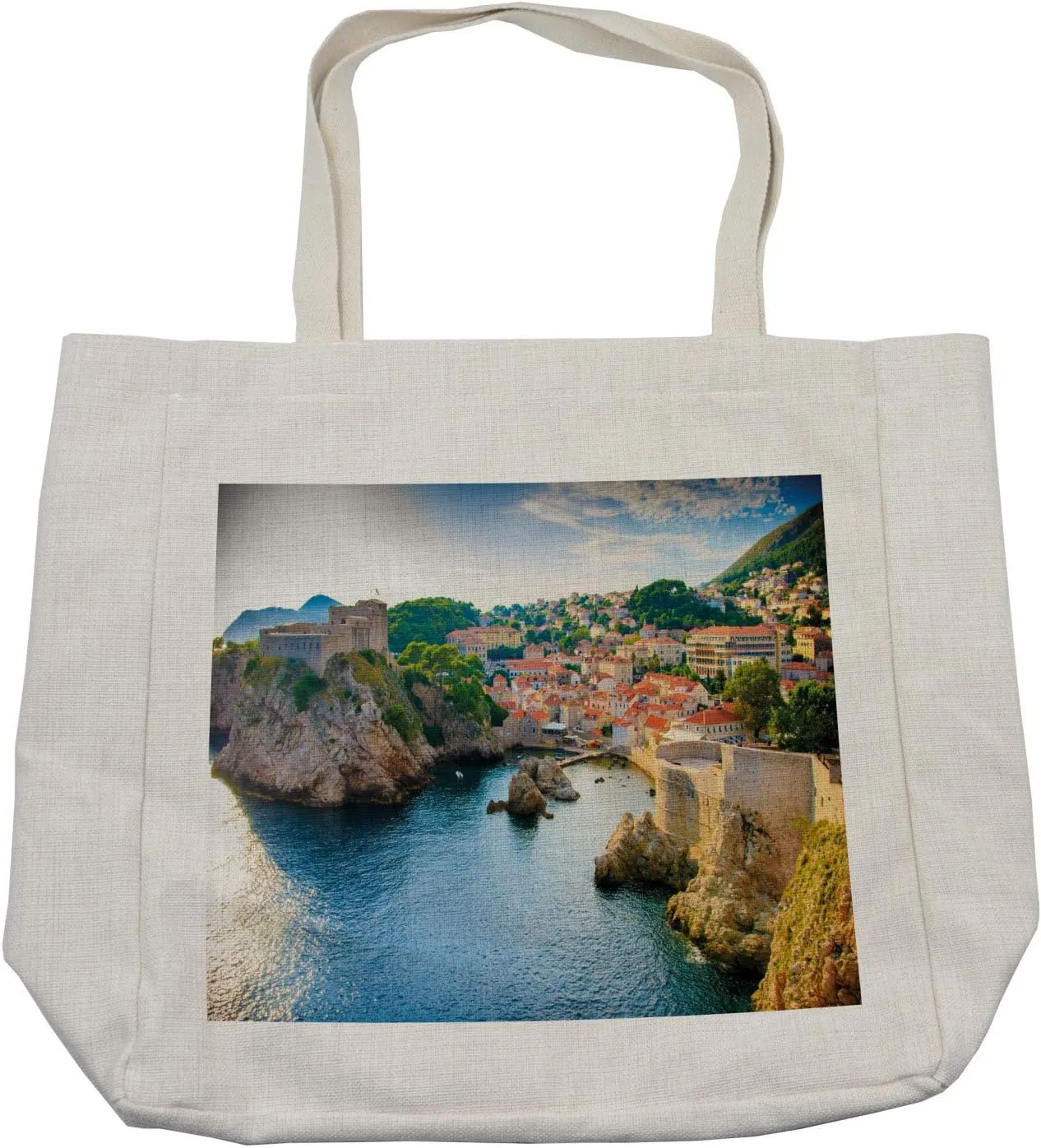 Lunarable Dubrovnik Shopping Bag, Coast Line Illustration in Dubrovnik Adventurous European Spots Landscape, Eco-Friendly Reusable Bag for Groceries Beach and More, 15.5" X 14.5", Cream