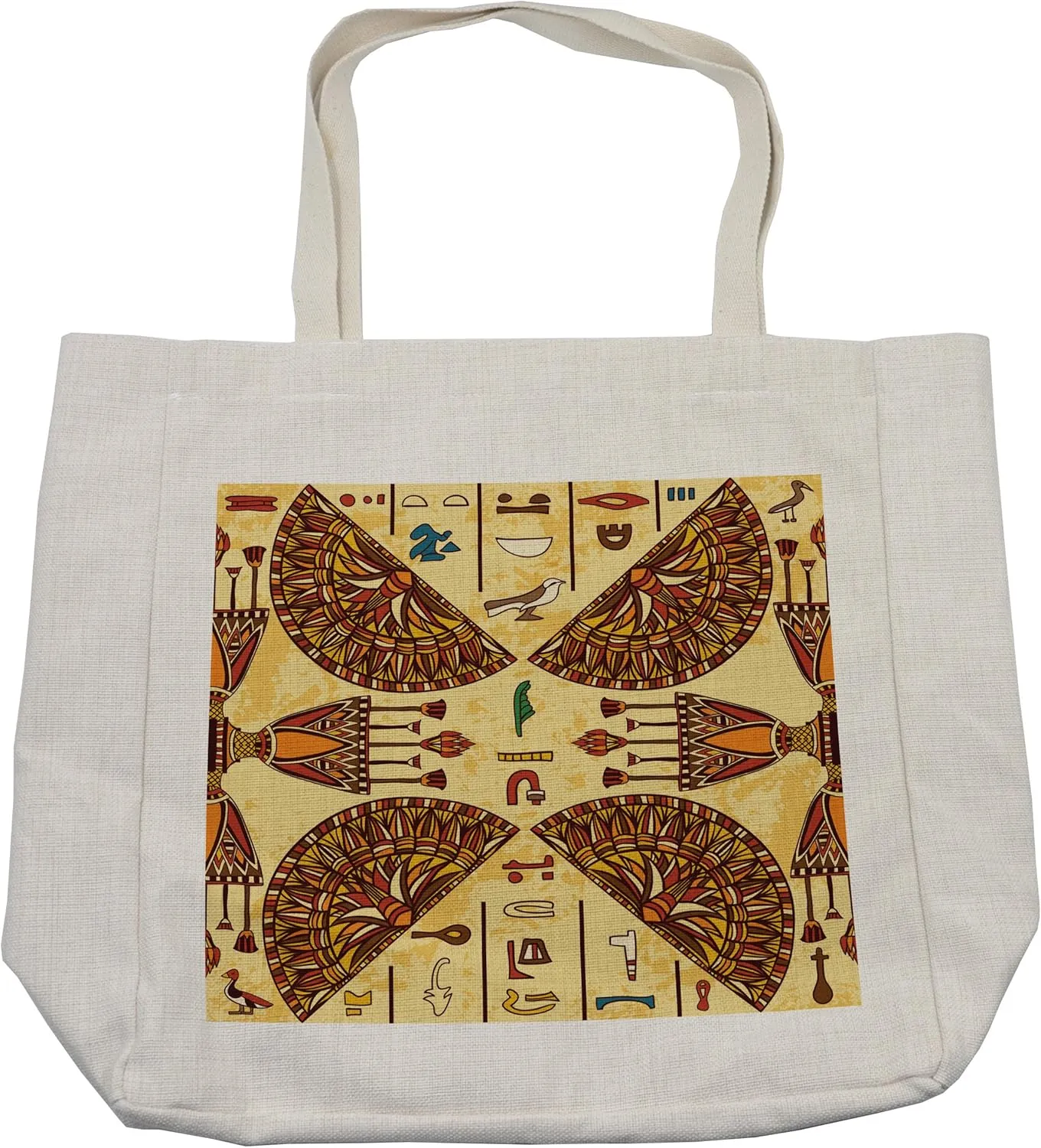 Lunarable Egyptian Print Shopping Bag, Hieroglyphs on Aged Papyrus with Cultural Folk Objects Design, Eco-Friendly Reusable Bag for Groceries Beach and More, 15.5" X 14.5", Cream