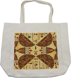 Lunarable Egyptian Print Shopping Bag, Hieroglyphs on Aged Papyrus with Cultural Folk Objects Design, Eco-Friendly Reusable Bag for Groceries Beach and More, 15.5" X 14.5", Cream