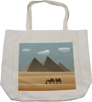 Lunarable Egyptian Print Shopping Bag, Sahara Desert with Camels Leaving Foots with Silhouette Pyramids Print, Eco-Friendly Reusable Bag for Groceries Beach and More, 15.5" X 14.5", Cream