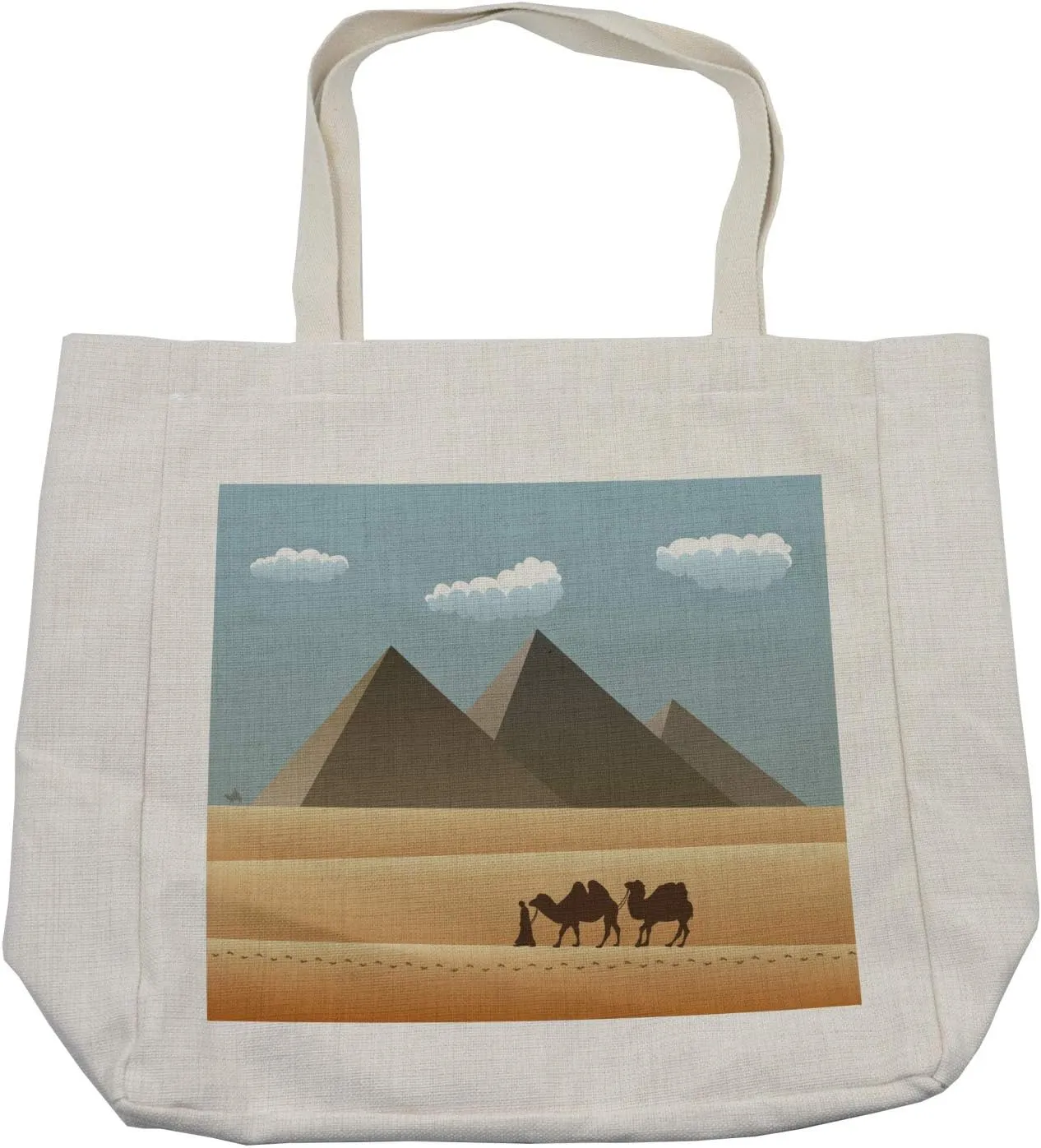 Lunarable Egyptian Print Shopping Bag, Sahara Desert with Camels Leaving Foots with Silhouette Pyramids Print, Eco-Friendly Reusable Bag for Groceries Beach and More, 15.5" X 14.5", Cream