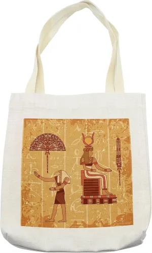 Lunarable Egyptian Print Tote Bag, Hieroglyph with Historical Featured Vintage Design, Cloth Linen Reusable Bag for Shopping Books Beach and More, 16.5" X 14", Cream