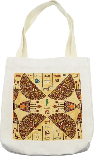 Lunarable Egyptian Print Tote Bag, Hieroglyphs on Aged Papyrus with Cultural Folk Objects Design, Cloth Linen Reusable Bag for Shopping Books Beach and More, 16.5" X 14", Cream
