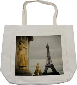 Lunarable Eiffel Tower Shopping Bag, Eiffel Tower from Esplanade du Trocadero Landmark and Moody Sky, Eco-Friendly Reusable Bag for Groceries Beach and More, 15.5" X 14.5", Cream