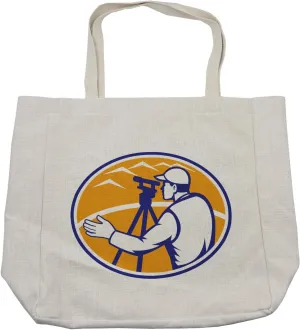 Lunarable Engineer Shopping Bag, Civil Geodic Employee Working on Construction Site in a Mountainous Area Surveying, Eco-Friendly Reusable Bag for Groceries Beach and More, 15.5" X 14.5", Cream