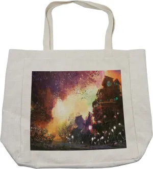 Lunarable Fantasy Shopping Bag, Abandoned Medieval Castle with an Old Tower Ghosts Halloween Spooky Scary Holiday, Eco-Friendly Reusable Bag for Groceries Beach and More, 15.5" X 14.5", Cream