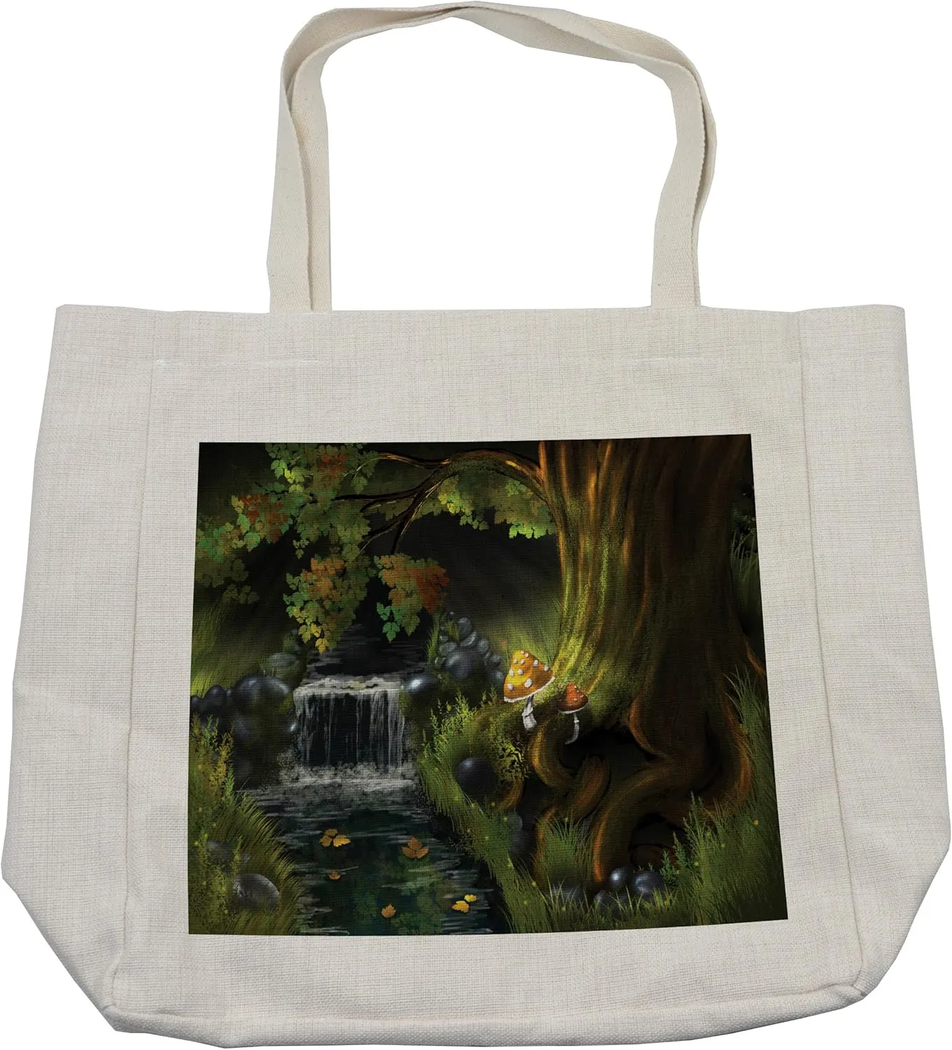 Lunarable Fantasy Shopping Bag, Imaginary Waterfall in the Forest at Night Mushroom Dark Secret Nature Print, Eco-Friendly Reusable Bag for Groceries Beach and More, 15.5" X 14.5", Cream