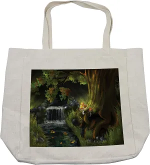Lunarable Fantasy Shopping Bag, Imaginary Waterfall in the Forest at Night Mushroom Dark Secret Nature Print, Eco-Friendly Reusable Bag for Groceries Beach and More, 15.5" X 14.5", Cream
