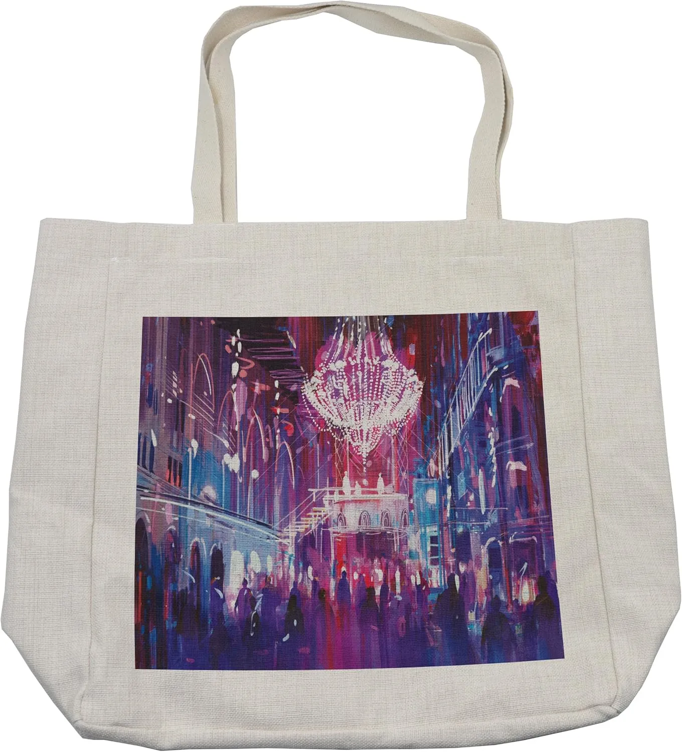 Lunarable Fantasy Shopping Bag, Opera Opening Elite People Night Club Big Crowd Dancing Having Fun Happy Artwork Print, Eco-Friendly Reusable Bag for Groceries Beach and More, 15.5" X 14.5", Cream