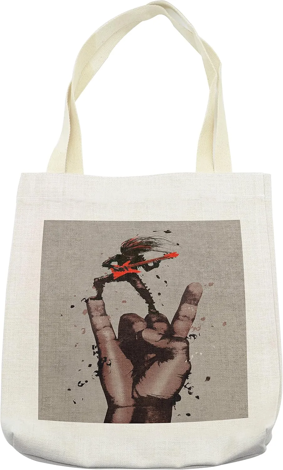 Lunarable Fantasy Tote Bag, Musician Bass Guitarist with Rock N Roll Gesture Sign Image Grunge Genre, Cloth Linen Reusable Bag for Shopping Books Beach and More, 16.5" X 14", Cream