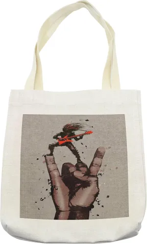 Lunarable Fantasy Tote Bag, Musician Bass Guitarist with Rock N Roll Gesture Sign Image Grunge Genre, Cloth Linen Reusable Bag for Shopping Books Beach and More, 16.5" X 14", Cream