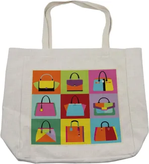 Lunarable Fashion Shopping Bag, Pop Art Style Flat Design Woman Handbag and Purse Composition with Colorful Tiles, Eco-Friendly Reusable Bag for Groceries Beach and More, 15.5" X 14.5", Cream
