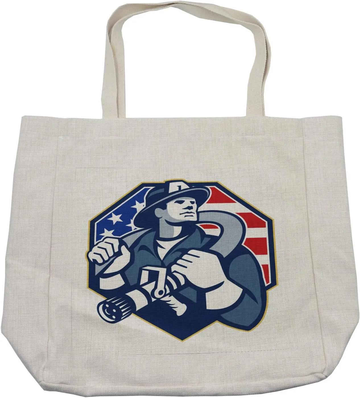 Lunarable Fireman Shopping Bag, Patriotic Design of an American Firefighter Emergency Public Servant, Eco-Friendly Reusable Bag for Groceries Beach and More, 15.5" X 14.5", Cream