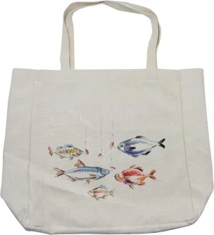 Lunarable Fishing Shopping Bag, Retro Fishing Love Theme with Goldfish Herring Bream Bass Salmon Image, Eco-Friendly Reusable Bag for Groceries Beach and More, 15.5" X 14.5", Cream