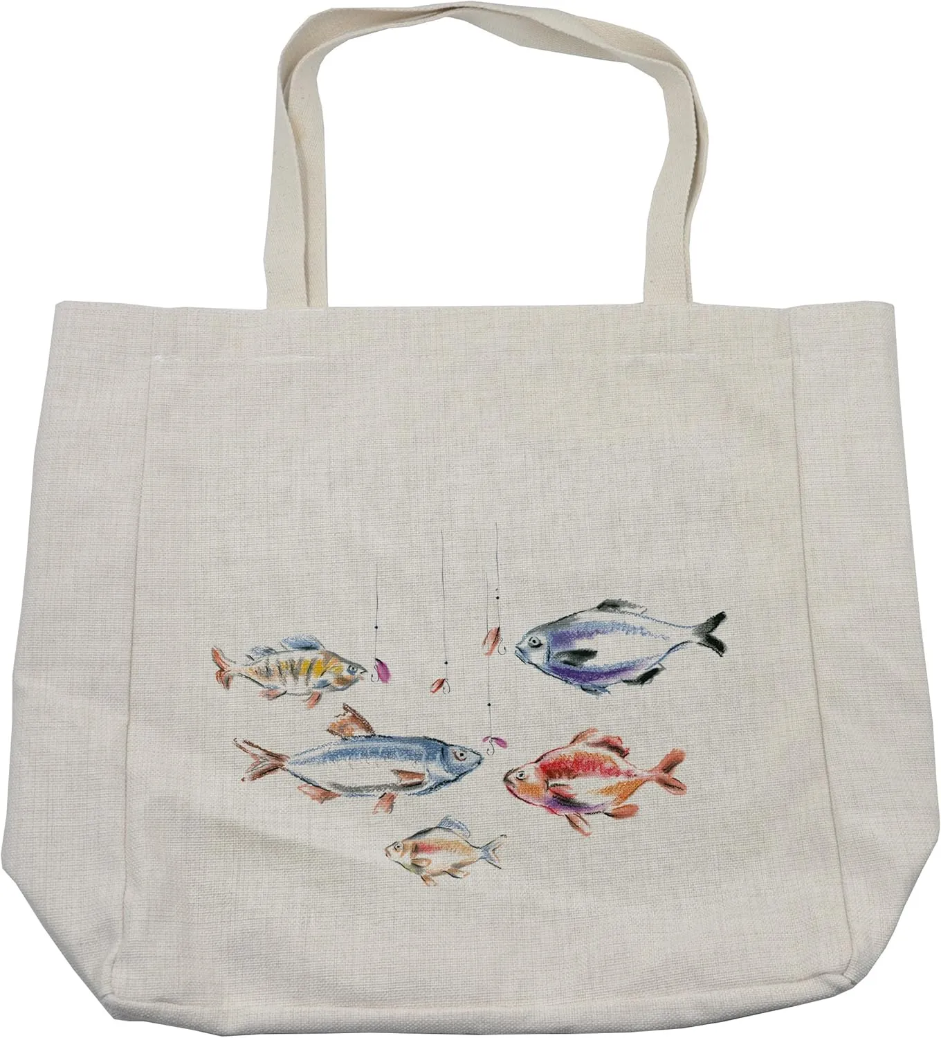 Lunarable Fishing Shopping Bag, Retro Fishing Love Theme with Goldfish Herring Bream Bass Salmon Image, Eco-Friendly Reusable Bag for Groceries Beach and More, 15.5" X 14.5", Cream