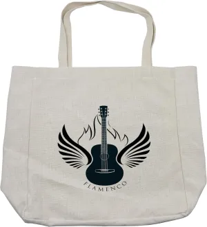 Lunarable Flamenco Shopping Bag, Classic Guitar with Wings and Abstract Hispanic Folk Melody and Arts, Eco-Friendly Reusable Bag for Groceries Beach and More, 15.5" X 14.5", White Black