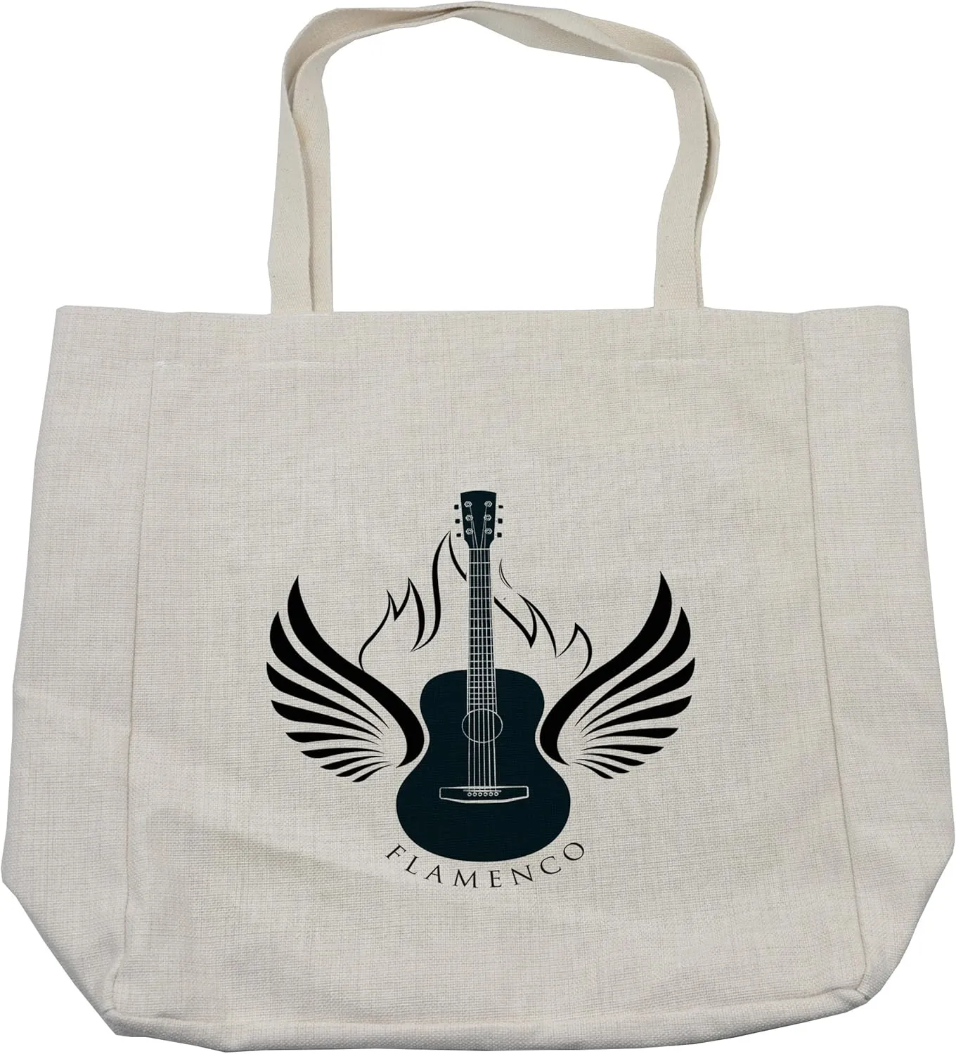 Lunarable Flamenco Shopping Bag, Classic Guitar with Wings and Abstract Hispanic Folk Melody and Arts, Eco-Friendly Reusable Bag for Groceries Beach and More, 15.5" X 14.5", White Black