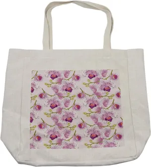 Lunarable Floral Shopping Bag, Hand Drawn Image of Purple and White Orchids Blossoms Stems Flower Buds Print, Eco-Friendly Reusable Bag for Groceries Beach and More, 15.5" X 14.5", Cream