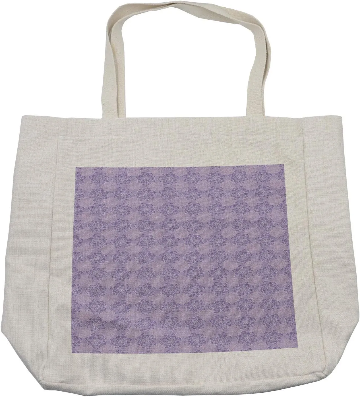 Lunarable Floral Shopping Bag, Pattern of Mandala Flowers Lotus Like Ethnic Flourishes Feels, Eco-Friendly Reusable Bag for Groceries Beach and More, 15.5" X 14.5", Cream