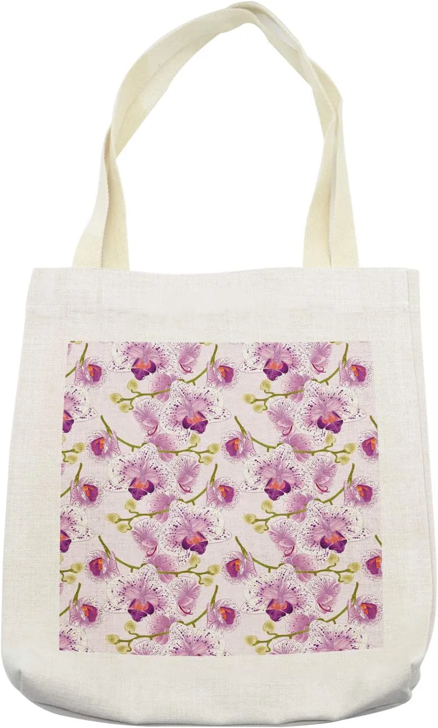 Lunarable Floral Tote Bag, Hand Drawn Image of Purple and White Orchids Blossoms Stems Flower Buds Print, Cloth Linen Reusable Bag for Shopping Books Beach and More, 16.5" X 14", Cream