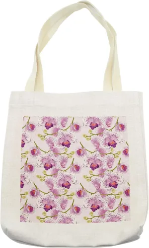 Lunarable Floral Tote Bag, Hand Drawn Image of Purple and White Orchids Blossoms Stems Flower Buds Print, Cloth Linen Reusable Bag for Shopping Books Beach and More, 16.5" X 14", Cream