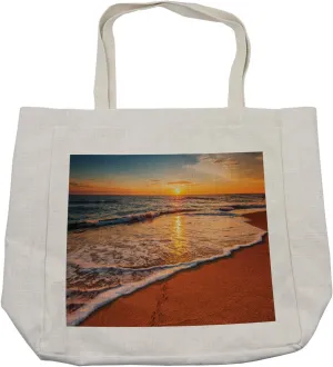 Lunarable Florida Beach Shopping Bag, Dramatic Sunrise Shot with Waves Hitting Seashore, Eco-Friendly Reusable Bag for Groceries Beach and More, 15.5" X 14.5", Cream