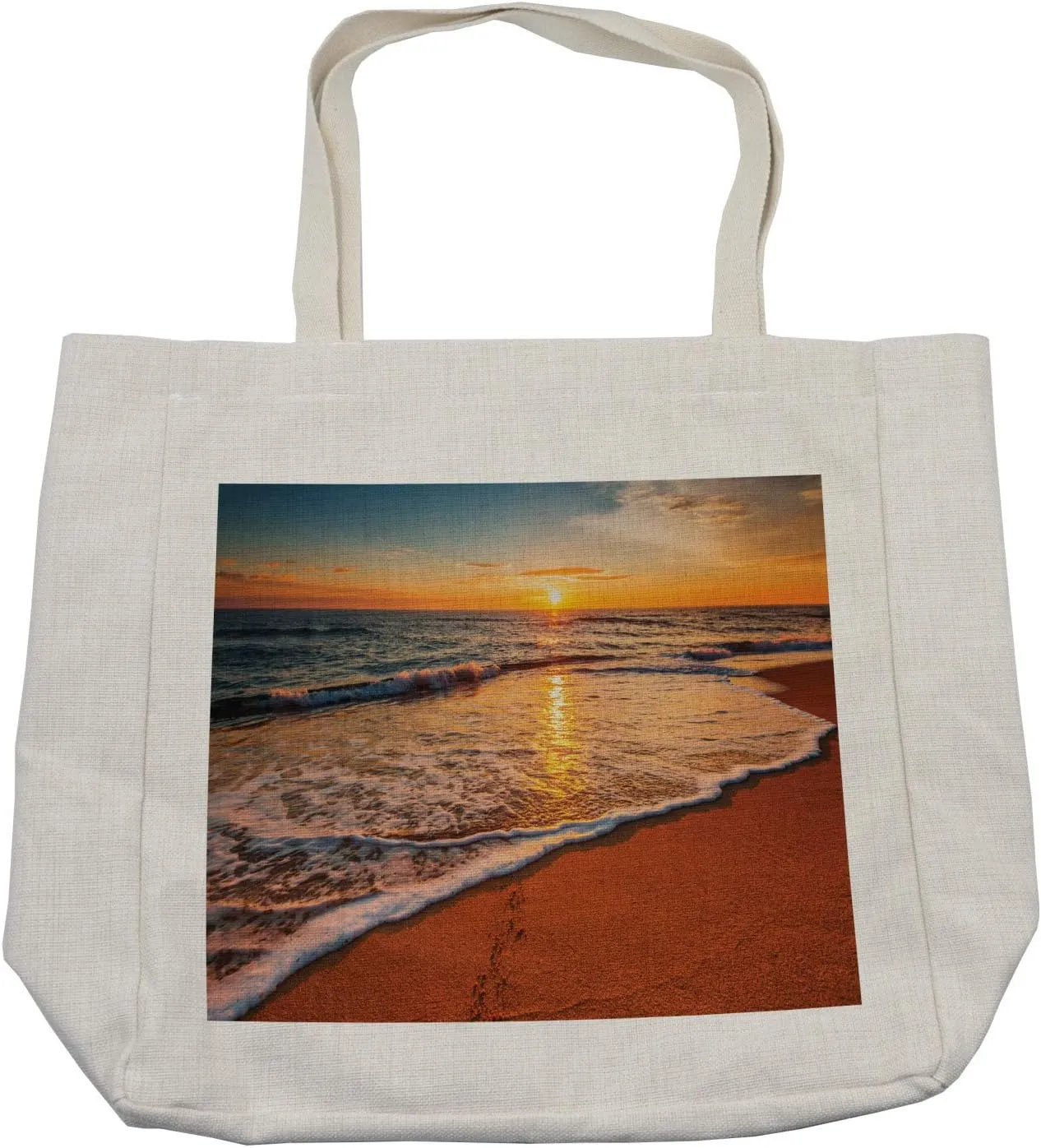 Lunarable Florida Beach Shopping Bag, Dramatic Sunrise Shot with Waves Hitting Seashore, Eco-Friendly Reusable Bag for Groceries Beach and More, 15.5" X 14.5", Cream