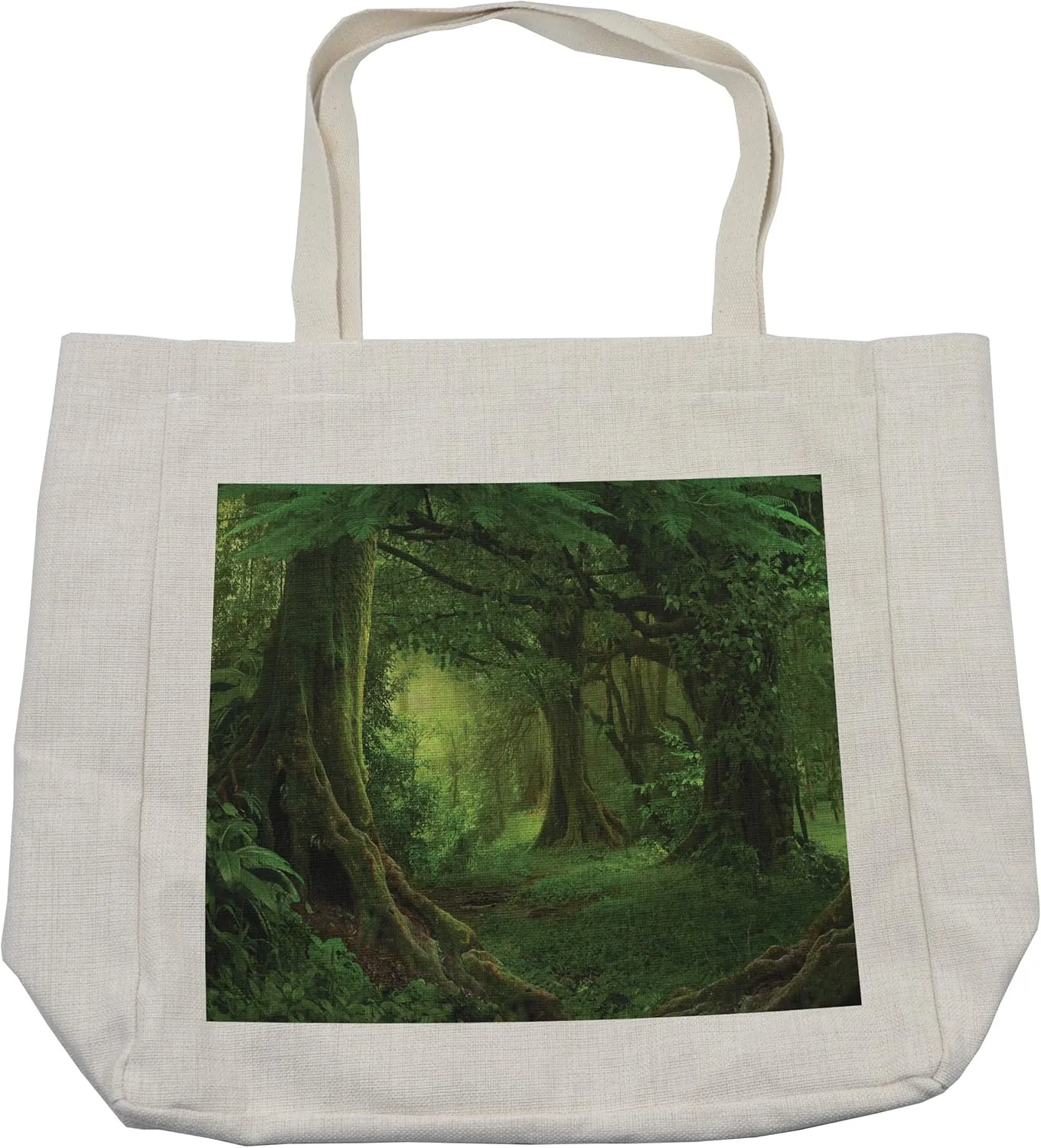 Lunarable Forest Shopping Bag, Enchanted Woodland Foliage in Deep Tropical Jungle at Southeast Landscape Print, Eco-Friendly Reusable Bag for Groceries Beach and More, 15.5" X 14.5", Cream
