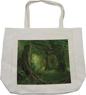 Lunarable Forest Shopping Bag, Enchanted Woodland Foliage in Deep Tropical Jungle at Southeast Landscape Print, Eco-Friendly Reusable Bag for Groceries Beach and More, 15.5" X 14.5", Cream