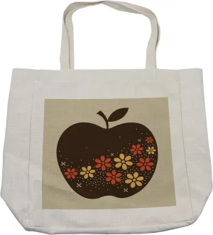 Lunarable Fruits Shopping Bag, Fruit Silhouette with Floral Arrangement Retro Colored Pattern Flourishes, Eco-Friendly Reusable Bag for Groceries Beach and More, 15.5" X 14.5", Orange Brown and Tan