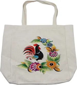 Lunarable Gallus Shopping Bag, Cock Poultry Livestock Ornate Abstract Spring Swirls in Vibrant Colors Illustration, Eco-Friendly Reusable Bag for Groceries Beach and More, 15.5" X 14.5", Cream
