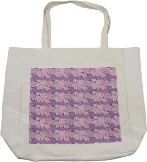 Lunarable Gardening Shopping Bag, Bubbly Shape 7 Petal Purplish Flowers with Overlapping Design, Eco-Friendly Reusable Bag for Groceries Beach and More, 15.5" X 14.5", Cream