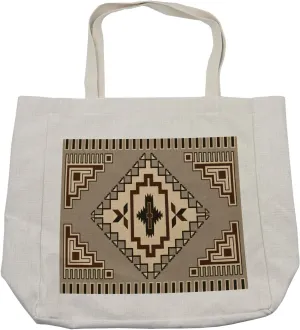 Lunarable Geometric Shopping Bag, Prehistoric Culture Pattern Ornament Orient Tribal Elements, Eco-Friendly Reusable Bag for Groceries Beach and More, 15.5" X 14.5", Cream