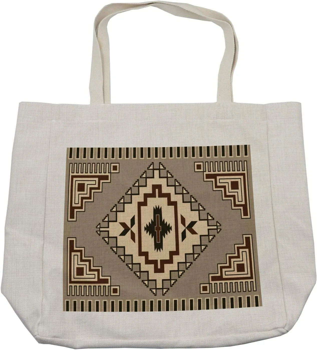 Lunarable Geometric Shopping Bag, Prehistoric Culture Pattern Ornament Orient Tribal Elements, Eco-Friendly Reusable Bag for Groceries Beach and More, 15.5" X 14.5", Cream