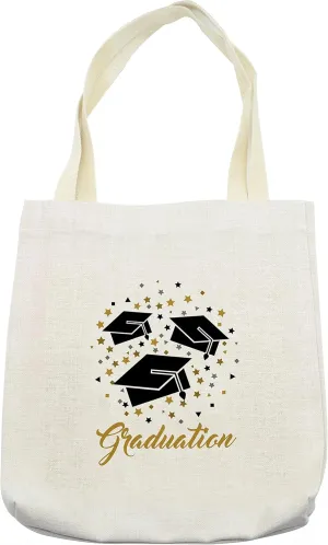 Lunarable Graduation Tote Bag, Academy Achievement Bachelor Theme Thrown Caps Tassels Vibrant Stars, Cloth Linen Reusable Bag for Shopping Books Beach and More, 16.5" X 14", Cream