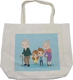 Lunarable Granddaughter Shopping Bag, Siblings Boy and Girl with Grandparents Happy Family Portrait Childhood Days, Eco-Friendly Reusable Bag for Groceries Beach and More, 15.5" X 14.5", Cream