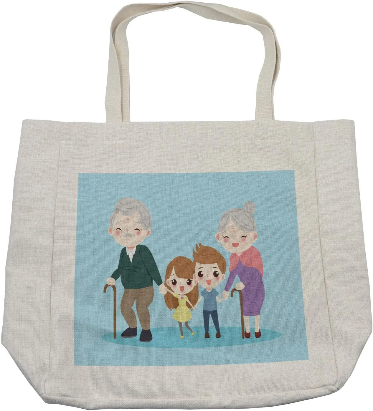 Lunarable Granddaughter Shopping Bag, Siblings Boy and Girl with Grandparents Happy Family Portrait Childhood Days, Eco-Friendly Reusable Bag for Groceries Beach and More, 15.5" X 14.5", Cream