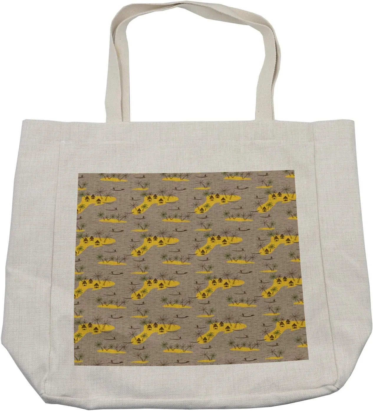 Lunarable Gypsy Pattern Shopping Bag, Village Setting with Houses and Trees, Eco-Friendly Reusable Bag for Groceries Beach and More, 15.5" X 14.5", Cream