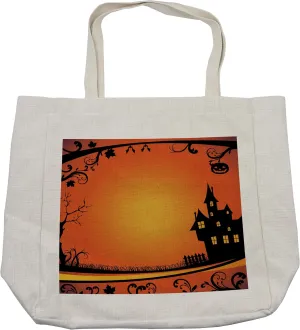 Lunarable Halloween Shopping Bag, Framework with Curvy Tree Branches Swirls Leaves Gothic Castle Festival, Eco-Friendly Reusable Bag for Groceries Beach and More, 15.5" X 14.5", Cream