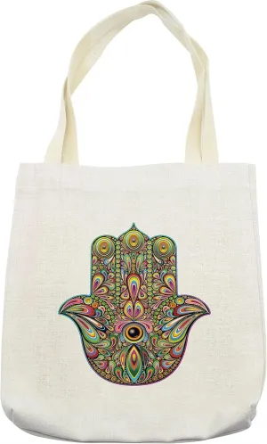Lunarable Hamsa Tote Bag, Psychedelic Pattern in Hamsa Spiral and Rotary Effects Boho Art, Cloth Linen Reusable Bag for Shopping Books Beach and More, 16.5" X 14", Cream