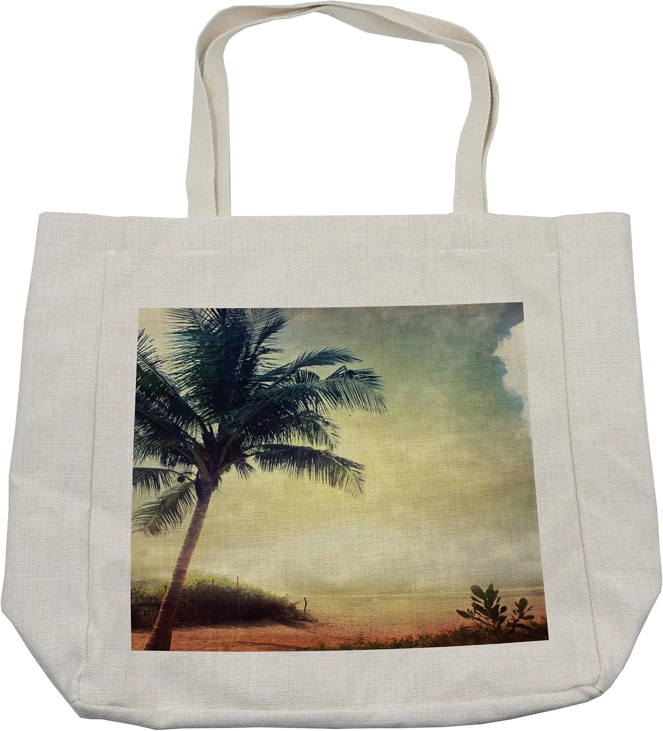 Lunarable Hawaiian Shopping Bag, Natural Beach Sunset with Palm Silhouettes Shrubs Sea Clouds and Sand Landscape, Eco-Friendly Reusable Bag for Groceries Beach and More, 15.5" X 14.5", Cream