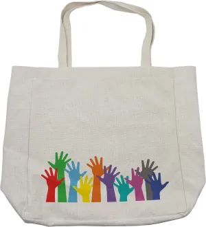 Lunarable Hippie Shopping Bag, Colorful Hands Lifted Upward Global Peace Community Hope Hippie Design Art, Eco-Friendly Reusable Bag for Groceries Beach and More, 15.5" X 14.5", Multicolor