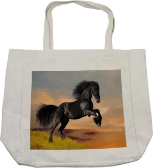 Lunarable Horse Shopping Bag, Western Wildlife Theme Friesian Horse Galloping Idyllic Sunset Scenery Pasture Nature, Eco-Friendly Reusable Bag for Groceries Beach and More, 15.5" X 14.5", Cream