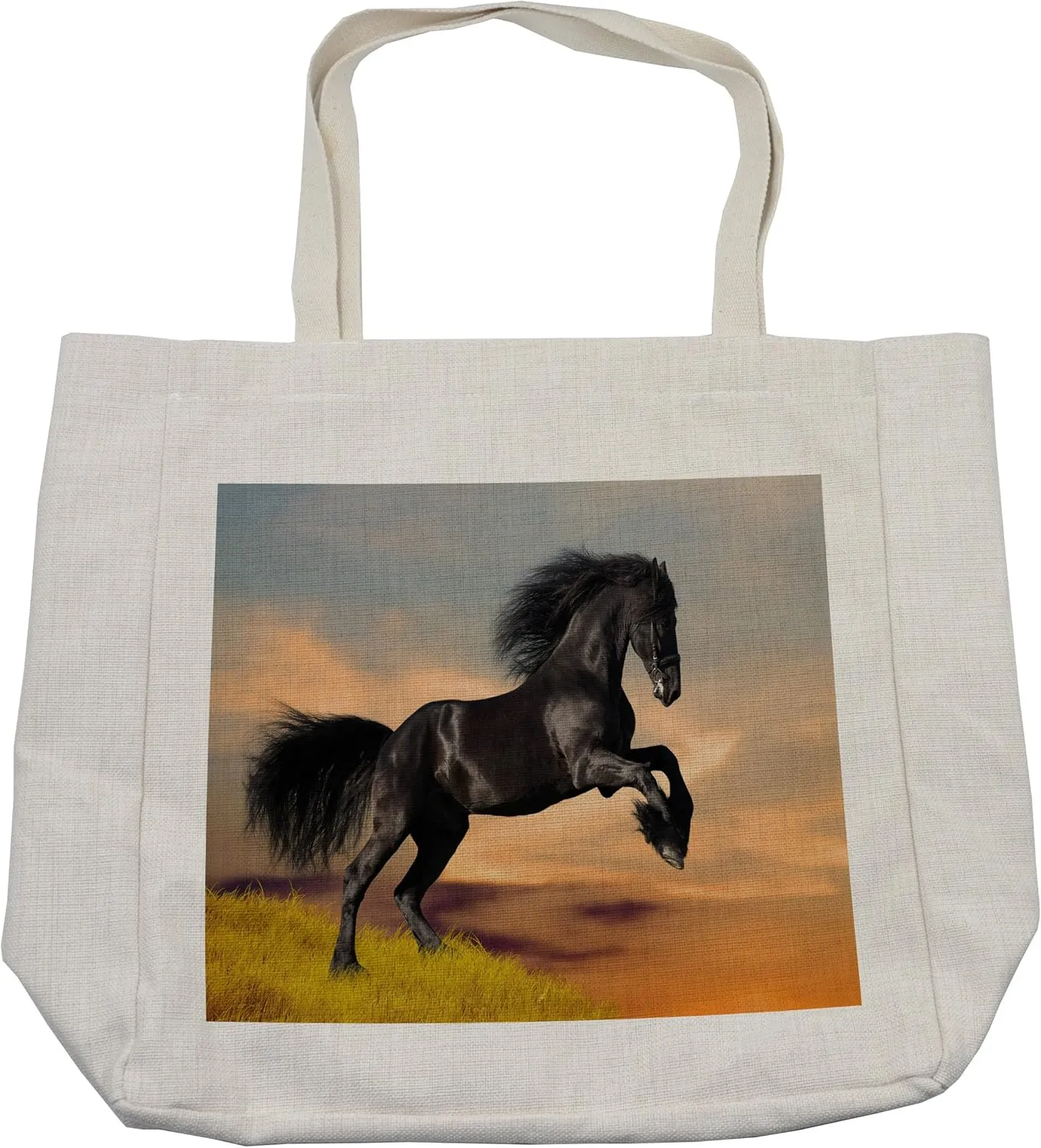 Lunarable Horse Shopping Bag, Western Wildlife Theme Friesian Horse Galloping Idyllic Sunset Scenery Pasture Nature, Eco-Friendly Reusable Bag for Groceries Beach and More, 15.5" X 14.5", Cream
