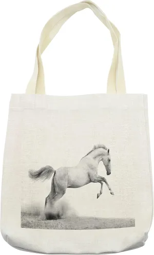 Lunarable Horses Tote Bag, Horse Power on the Sand Tropic Gulf Island National Seashore Florida Plants Landscape Art, Cloth Linen Reusable Bag for Shopping Books Beach and More, 16.5" X 14", Cream