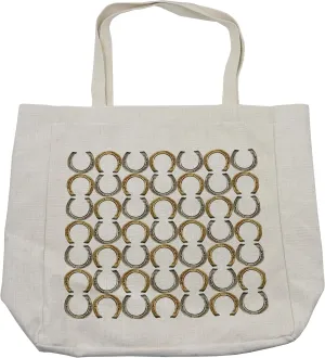 Lunarable Horseshoe Shopping Bag, Luck Riding Equipment Blacksmith Arch Patternic Print, Eco-Friendly Reusable Bag for Groceries Beach and More, 15.5" X 14.5", Cream